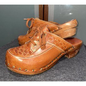 QualiCraft Casualets Vintage 70s Brown Leather Wood Mules Clogs Slides Womens 6